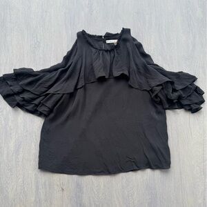 Alice + Olivia Black Frilled “cold shoulder” silk blouse